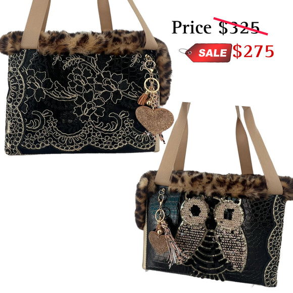 GOLD AND BLACK PET CARRIER/ STANDARD SIZE/OWL DESIGN/ READY TO SHIP.